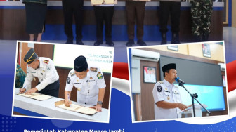 Bupati Muaro Jambi, Dr. Bambang Bayu Suseno Tandatangani Nota Kesepakatan Pelaksanaan Pidana Kerja Sosial di Kabupaten Muaro Jambi.